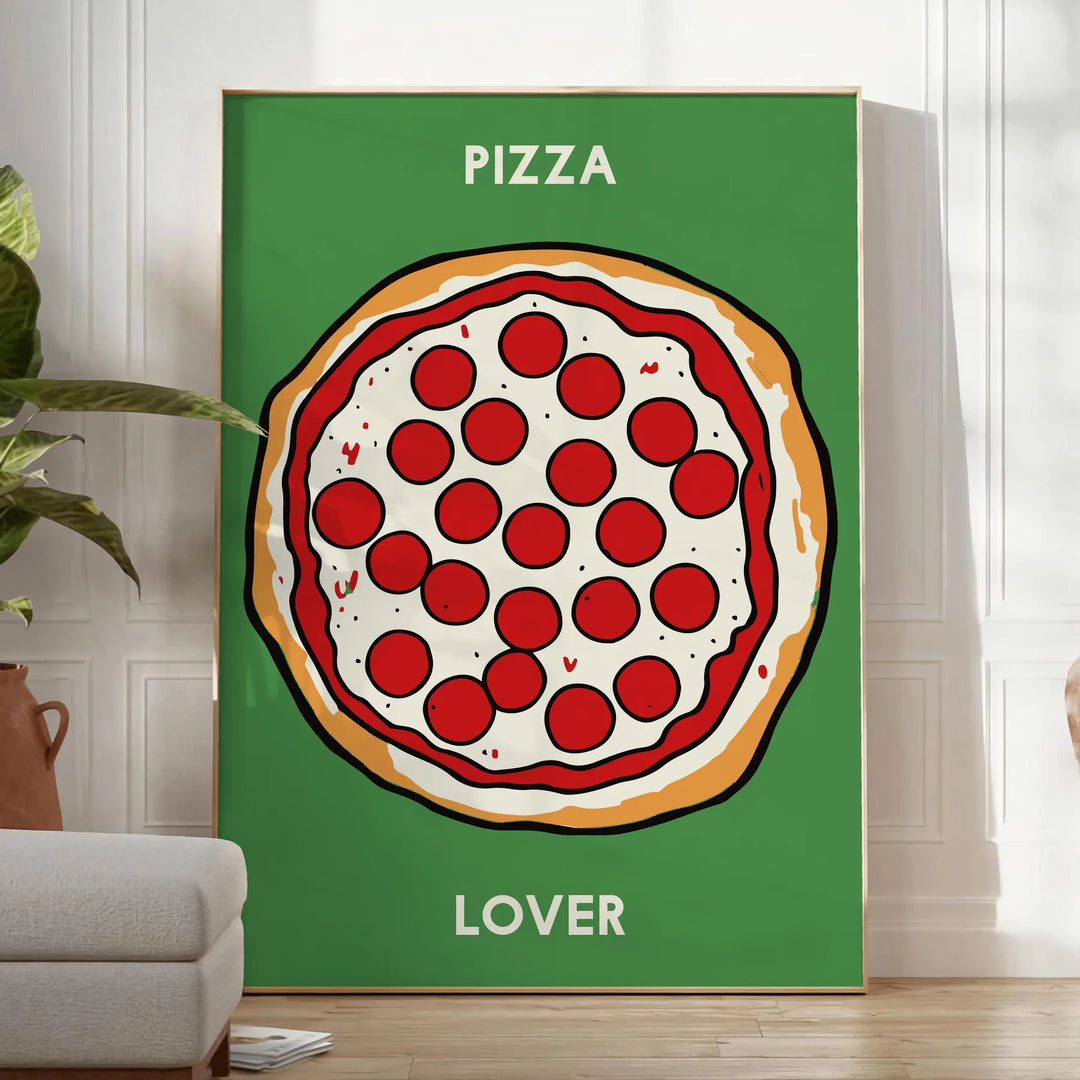 Illustrazione di una pizza con ingredienti colorati su uno sfondo scuro di cucina - in una stanza luminosa e minimalista con pianta e poltrona