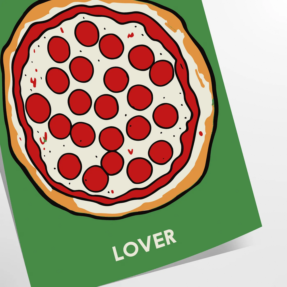 Illustration of a pizza with colorful toppings on a dark kitchen background