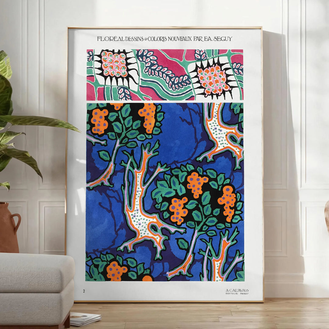 Botanical illustration featuring orange and blue plants by EA Séguy - in a bright minimalist room with a plant and an armchair