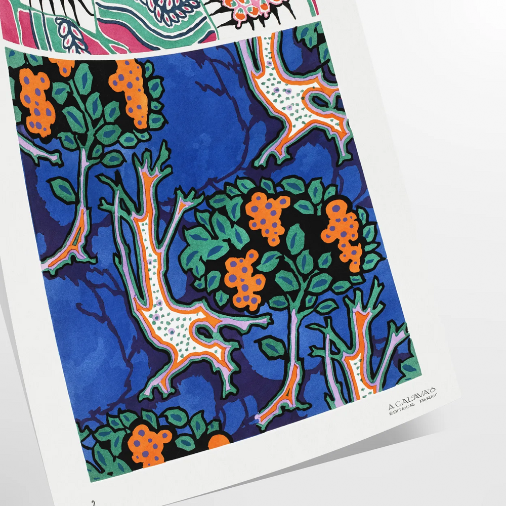 Botanical illustration featuring orange and blue plants by EA Séguy