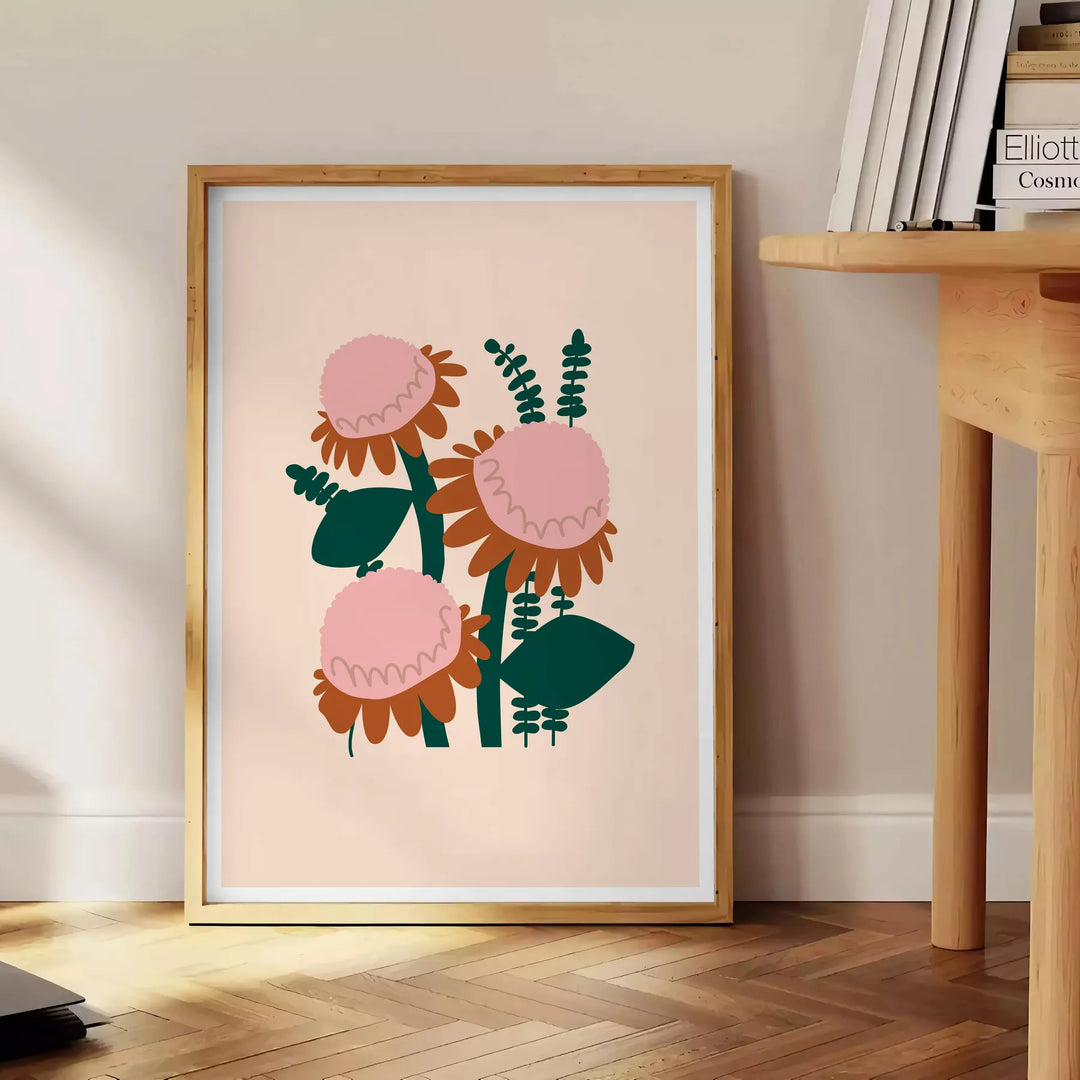 Illustration de plante luxuriante verte avec des accents orange sur un fond sombre - à côté d'une table d'appoint ronde en bois avec des livres