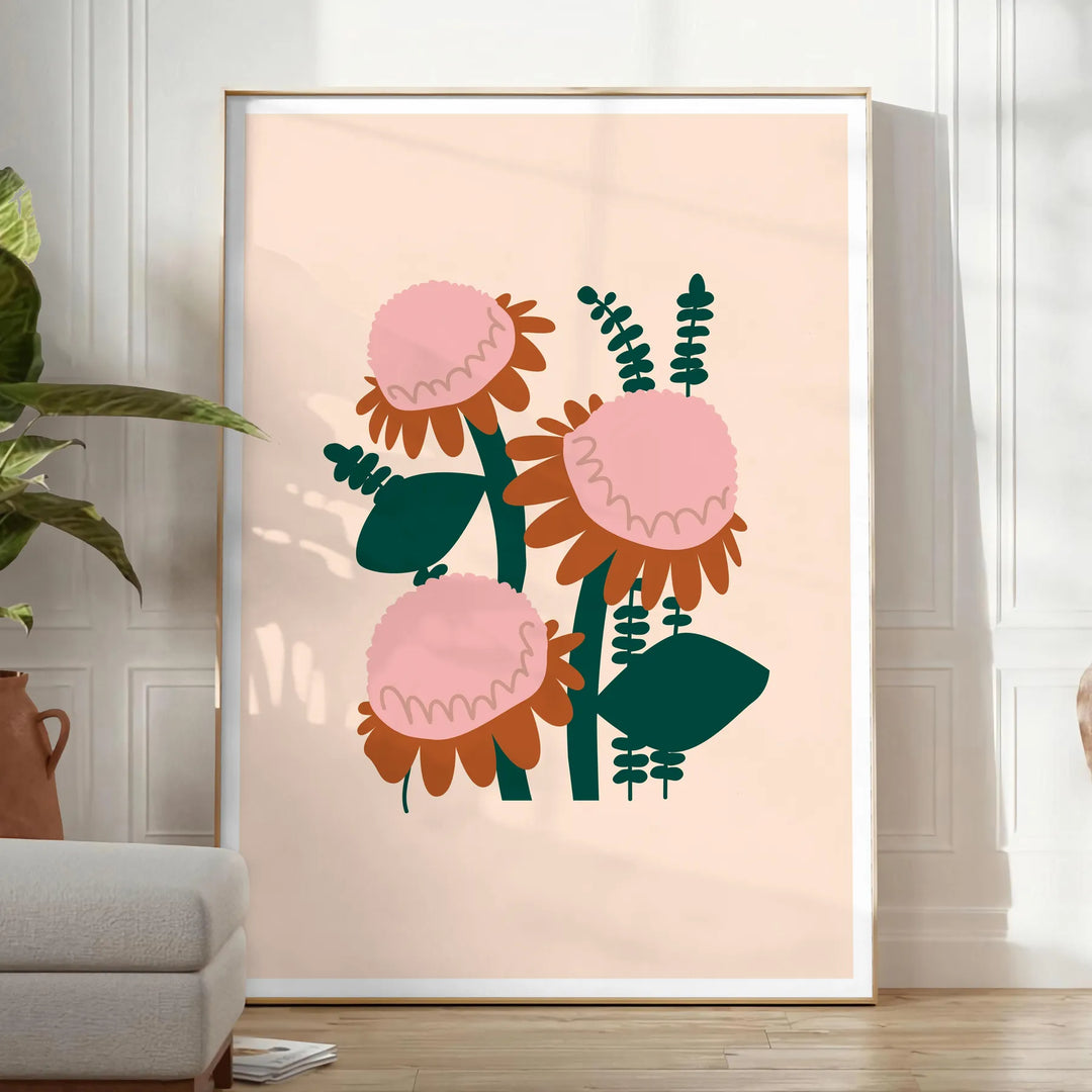 Illustration de plante luxuriante verte avec des accents orange sur un fond sombre - dans une pièce lumineuse épurée avec plante et fauteuil