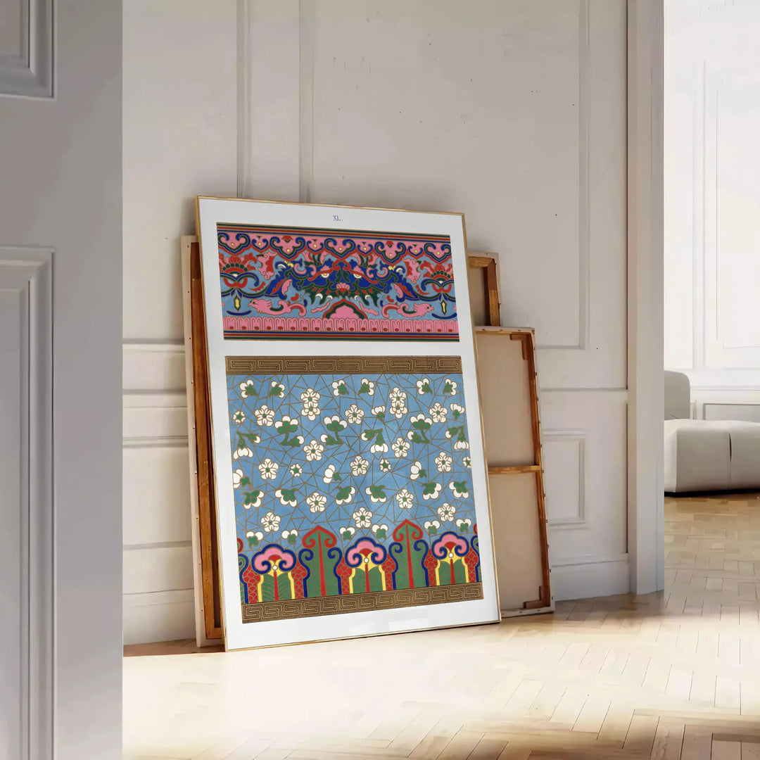 A stylized illustration of a plant with gray and blue hues - leaning on a herringbone floor against a white panelled wall