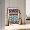 A stylized illustration of a plant with gray and blue hues - leaning on a herringbone floor against a white panelled wall