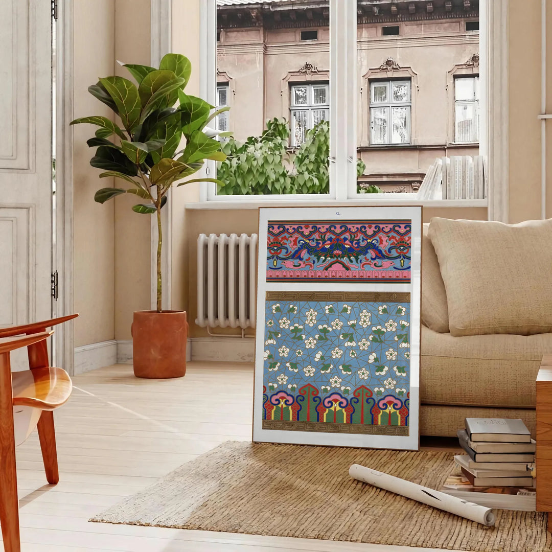 A stylized illustration of a plant with gray and blue hues - in a Parisian living room with a sofa and a fig plant