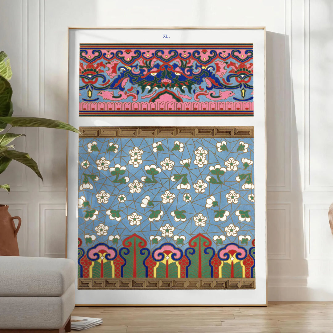 A stylized illustration of a plant with gray and blue hues - in a bright minimalist room with a plant and an armchair