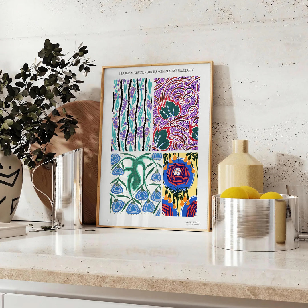 A stylized illustration of a plant in gray and orange tones - styled on a counter with eucalyptus and a bowl of lemons