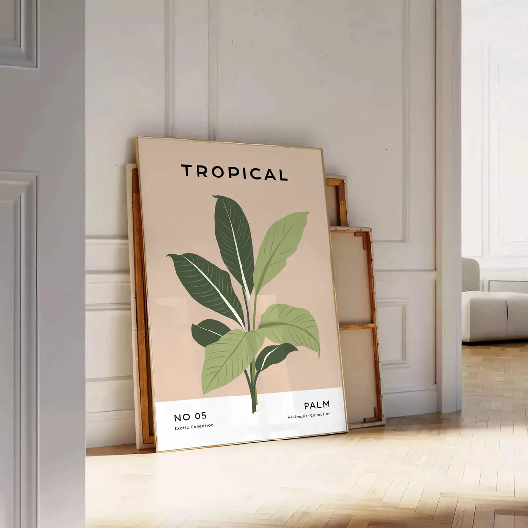 A botanical illustration featuring various green plants on a textured gray background - leaning on a herringbone floor against a white panelled wall