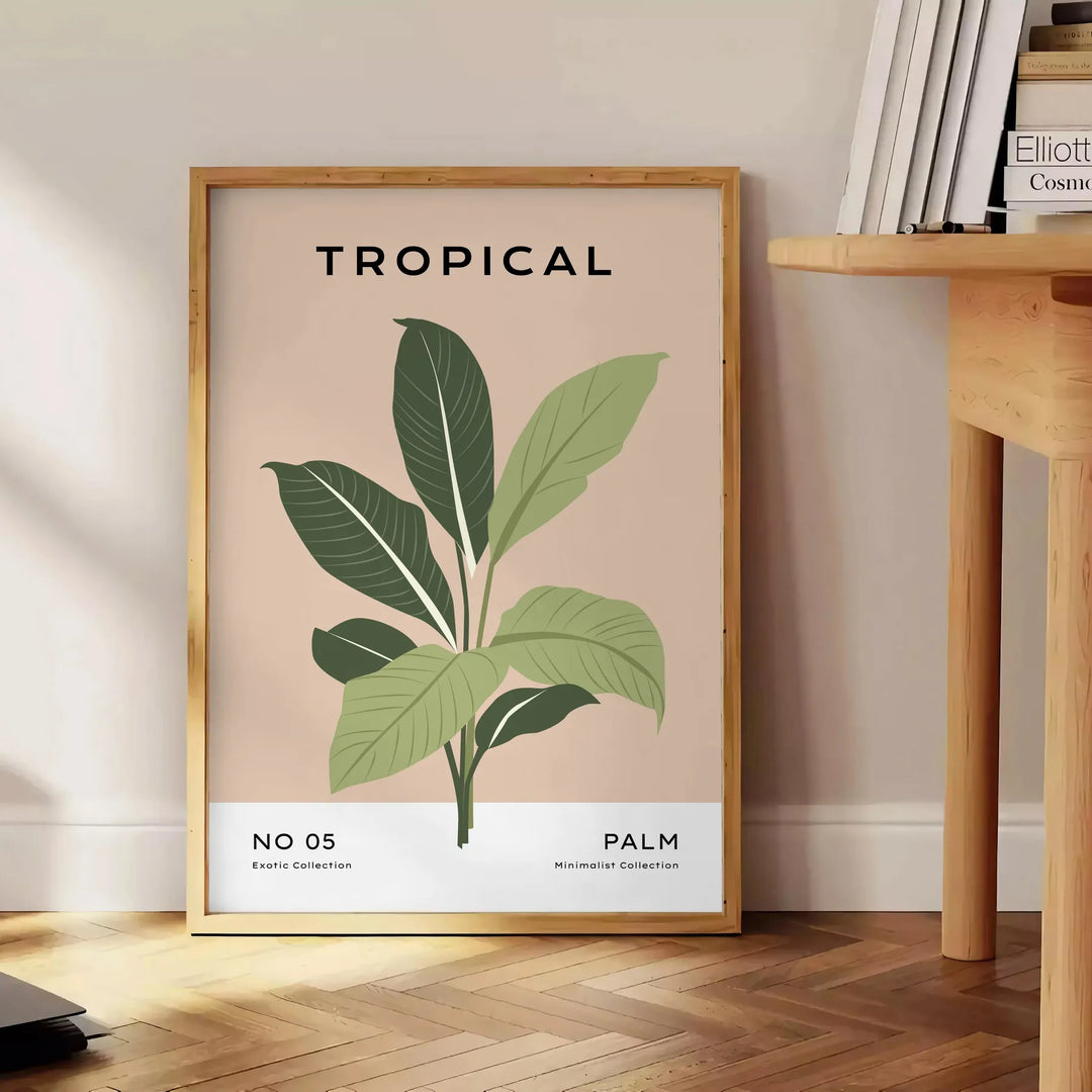 A botanical illustration featuring various green plants on a textured gray background - beside a round wooden side table with books