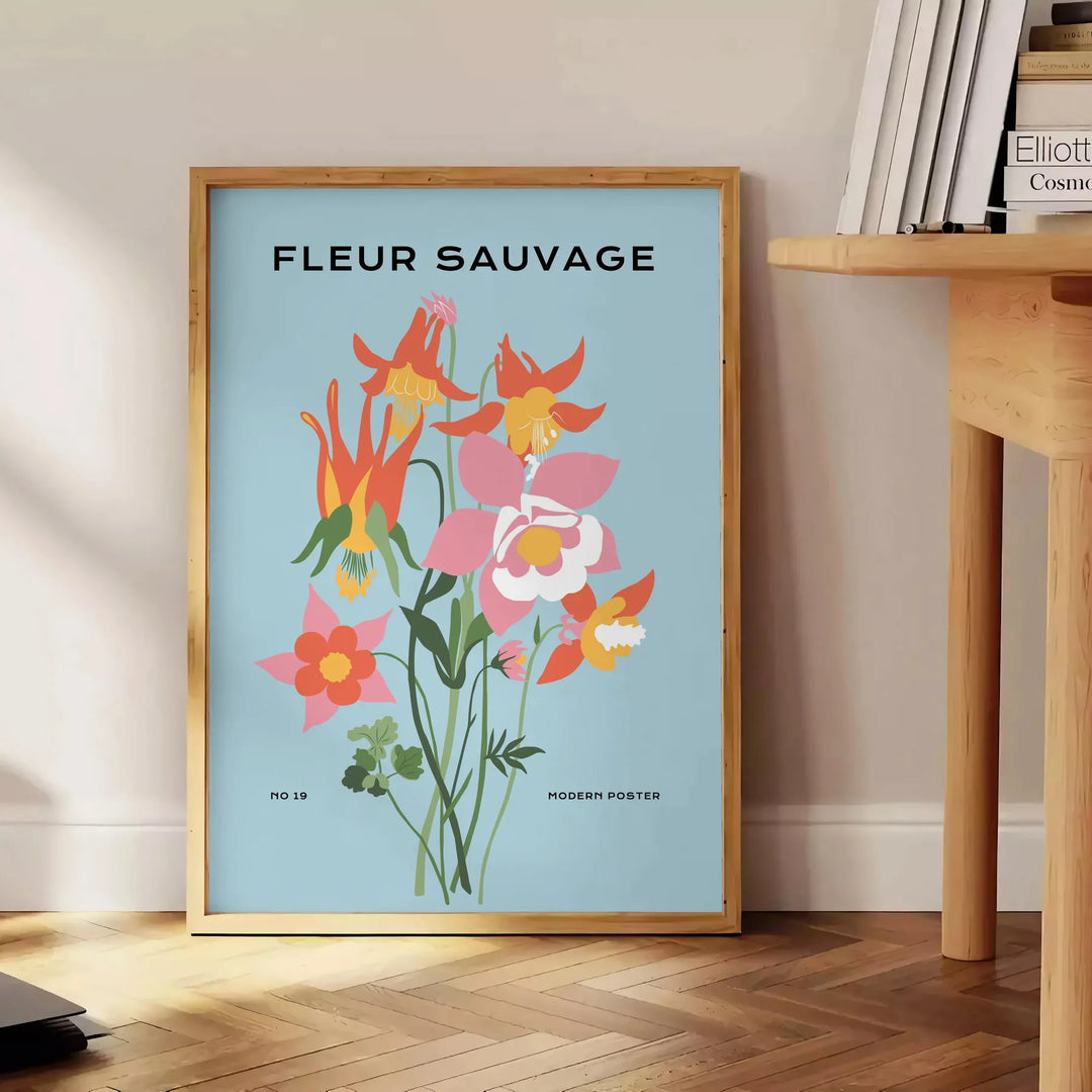 A lush green plant illustration with blue accents against a light background - beside a round wooden side table with books