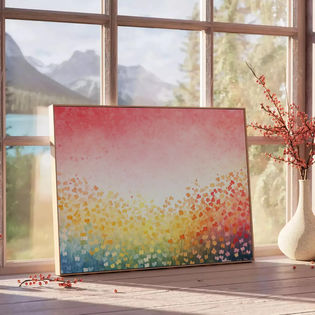 Ilustração abstrata de plantas em tons de laranja e cinza - ao lado de uma mesa de apoio redonda em madeira com livros