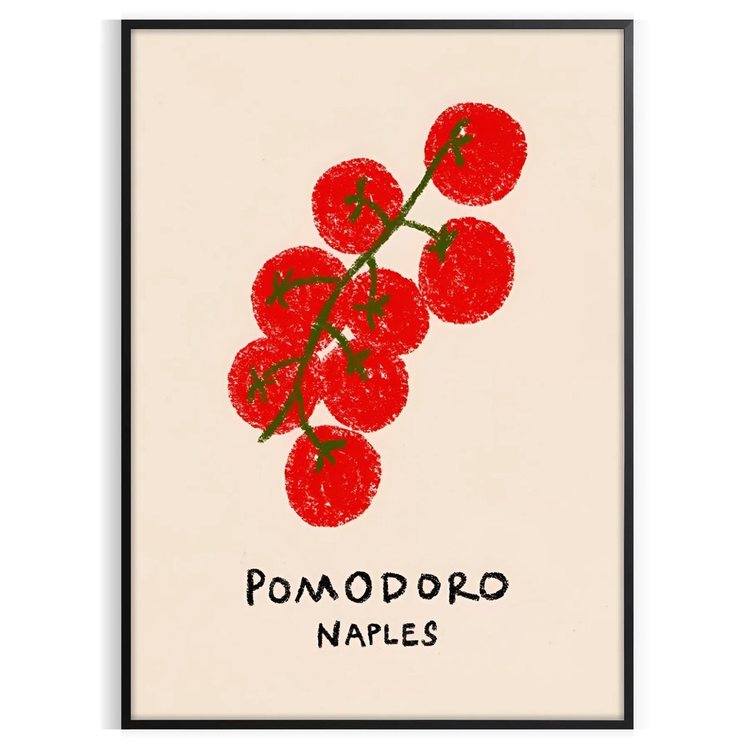 A colorful illustration of tomatoes and kitchen utensils inspired by Naples, Italy