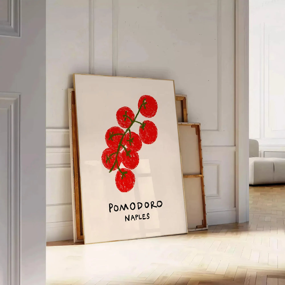 A colorful illustration of tomatoes and kitchen utensils inspired by Naples, Italy