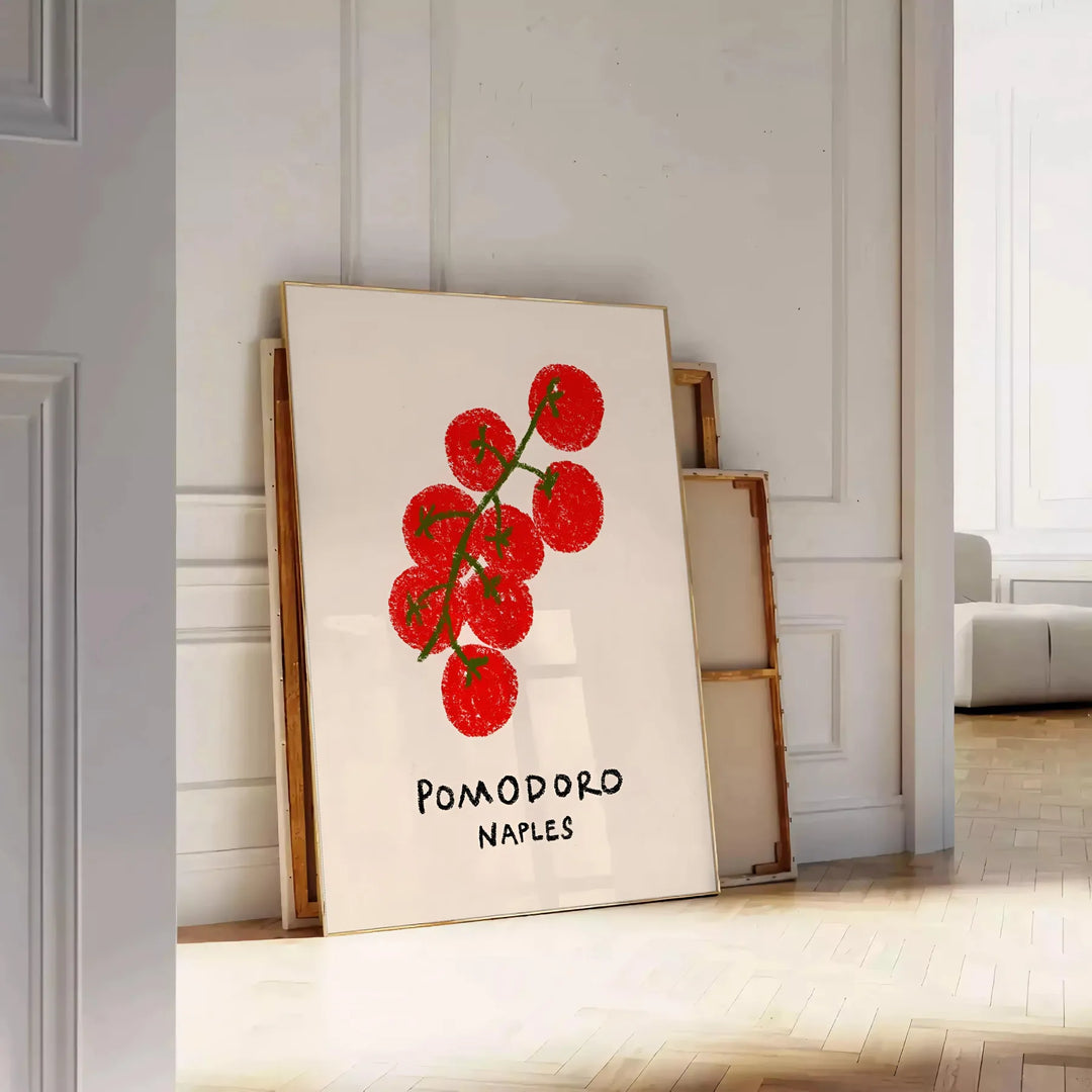 A colorful illustration of tomatoes and kitchen utensils inspired by Naples, Italy - leaning on a herringbone floor against a white panelled wall