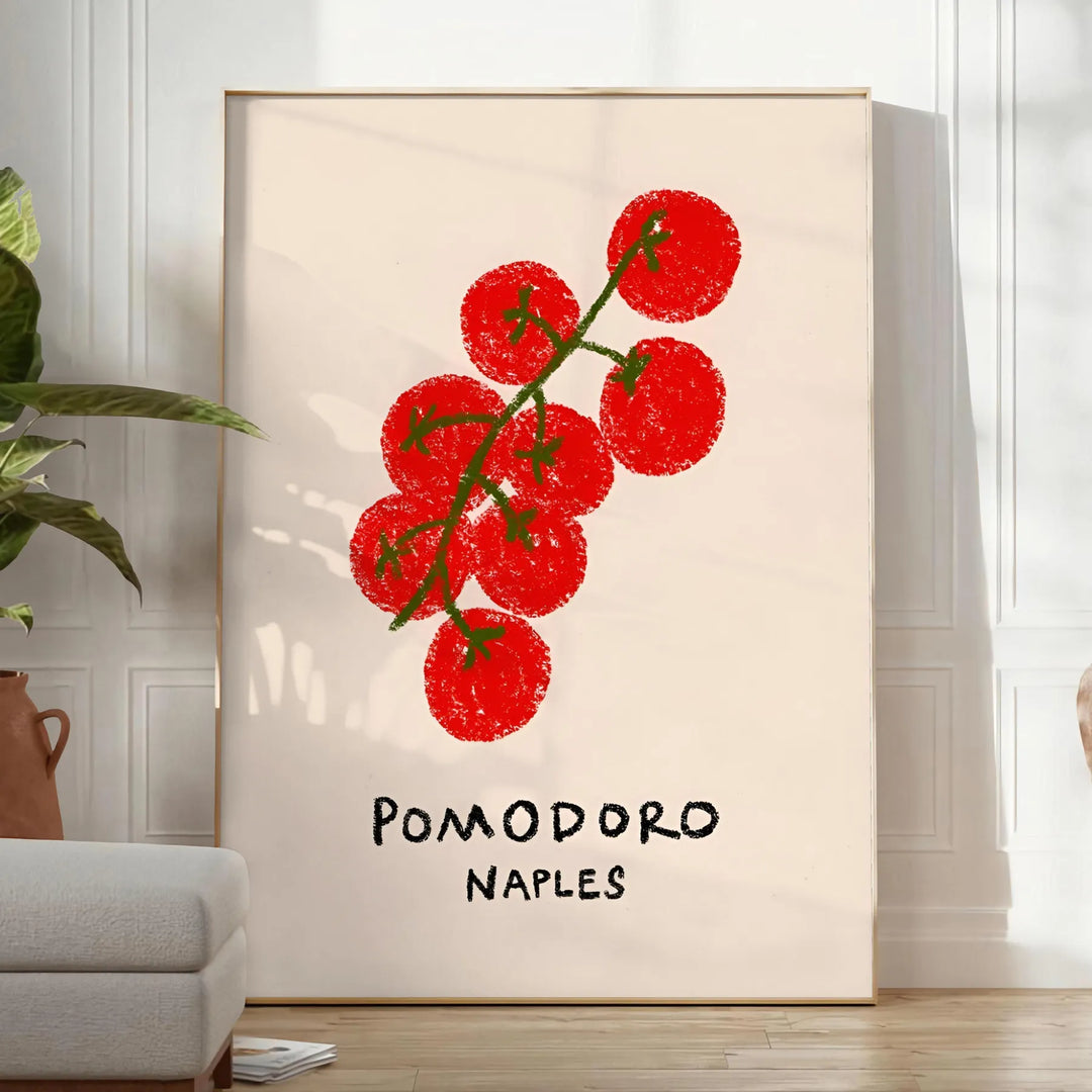 A colorful illustration of tomatoes and kitchen utensils inspired by Naples, Italy - in a bright minimalist room with a plant and an armchair