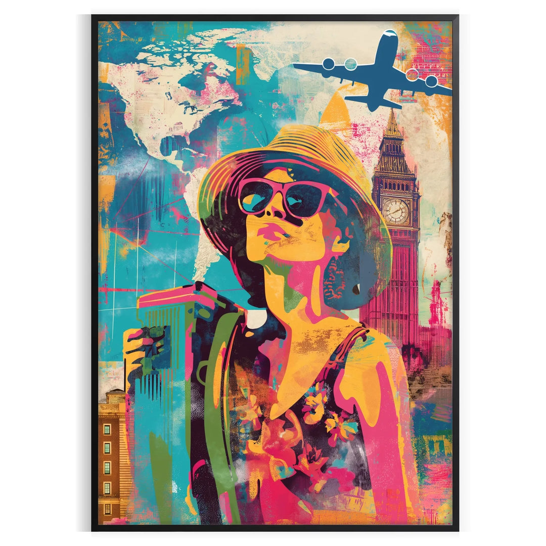 Bold pop art design featuring orange and blue colors with abstract shapes