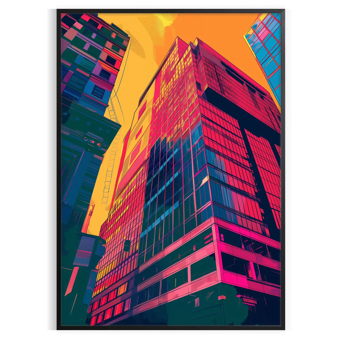 Dynamic pop art design with orange and blue hues, featuring abstract shapes