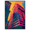 Dynamic pop art design with orange and blue hues, featuring abstract shapes - in a black frame