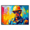 Colorful pop art design with bold orange and blue elements - in a black frame