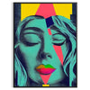 Colorful pop art depiction of a woman with orange and green tones - in a black frame