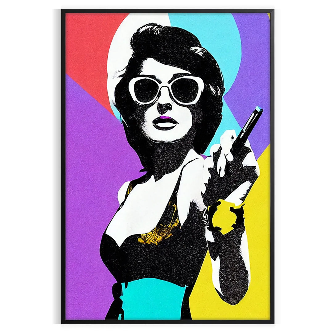 A stylized portrait of a woman with bold orange and purple colors