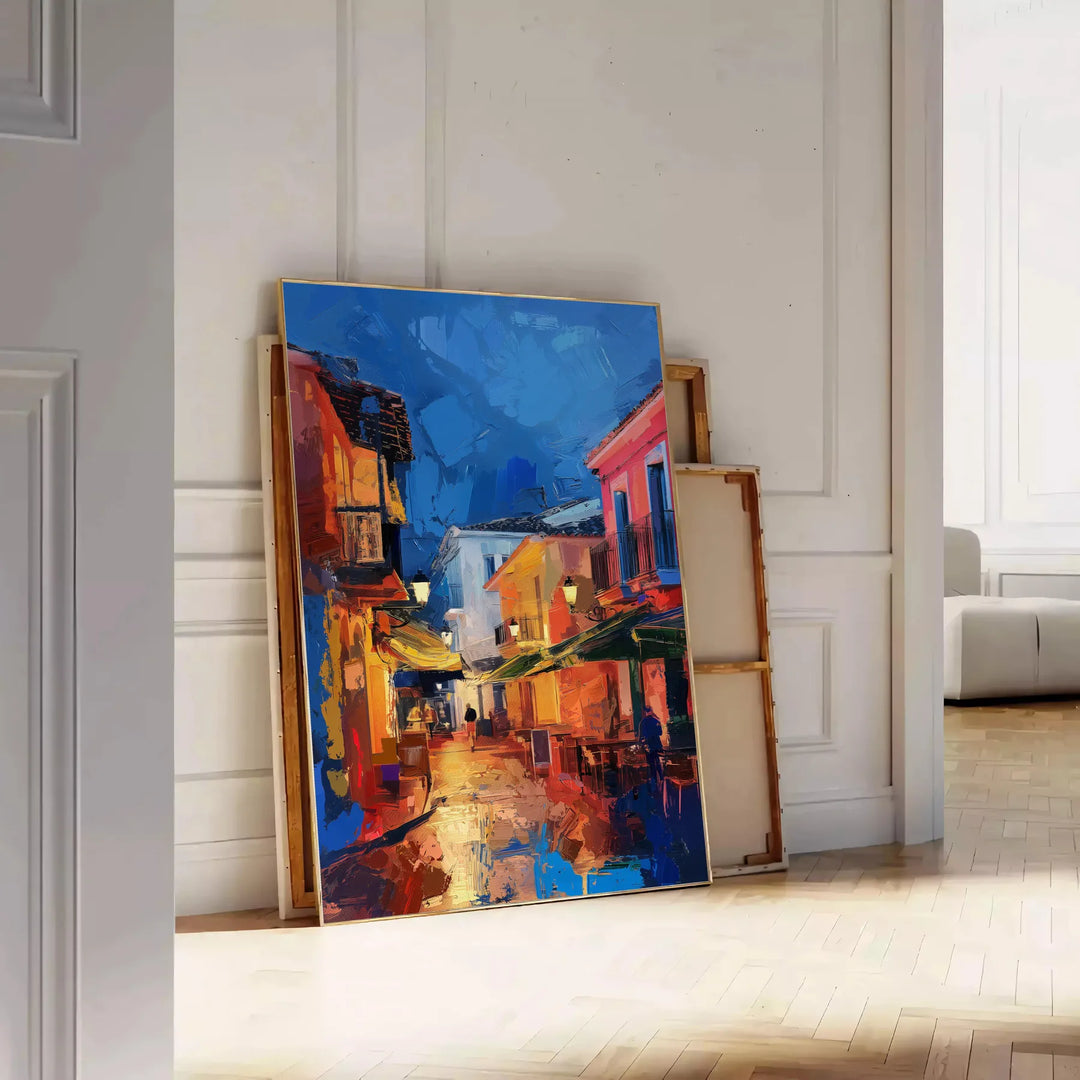 Colorful pop art design featuring bold orange and blue shapes - leaning on a herringbone floor against a white panelled wall