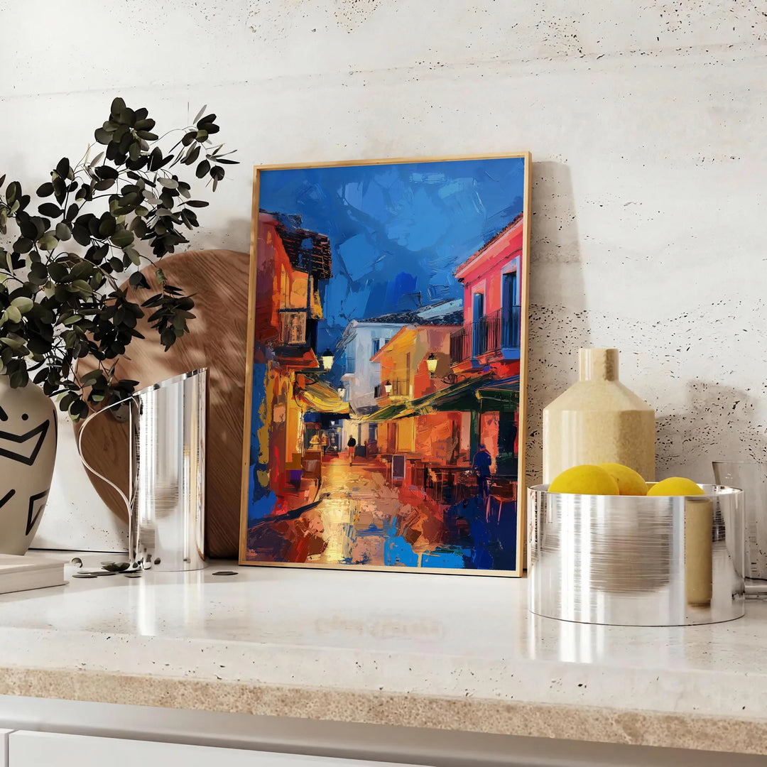 Colorful pop art design featuring bold orange and blue shapes - styled on a counter with eucalyptus and a bowl of lemons