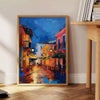 Colorful pop art design featuring bold orange and blue shapes - beside a round wooden side table with books