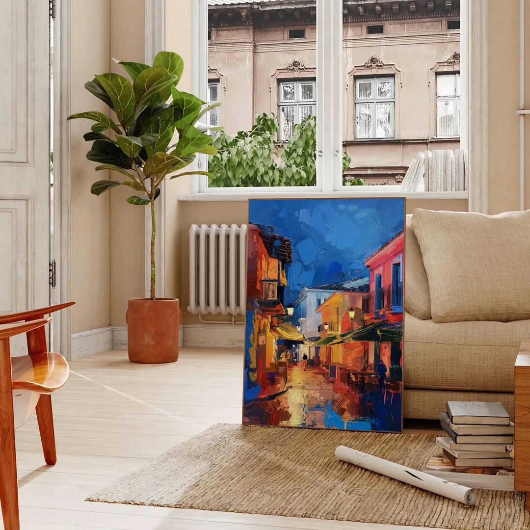 Colorful pop art design featuring bold orange and blue shapes - in a Parisian living room with a sofa and a fig plant