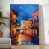 Colorful pop art design featuring bold orange and blue shapes - in a bright minimalist room with a plant and an armchair