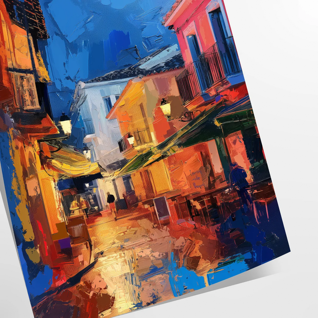 Colorful pop art design featuring bold orange and blue shapes - as a rolled, unframed print