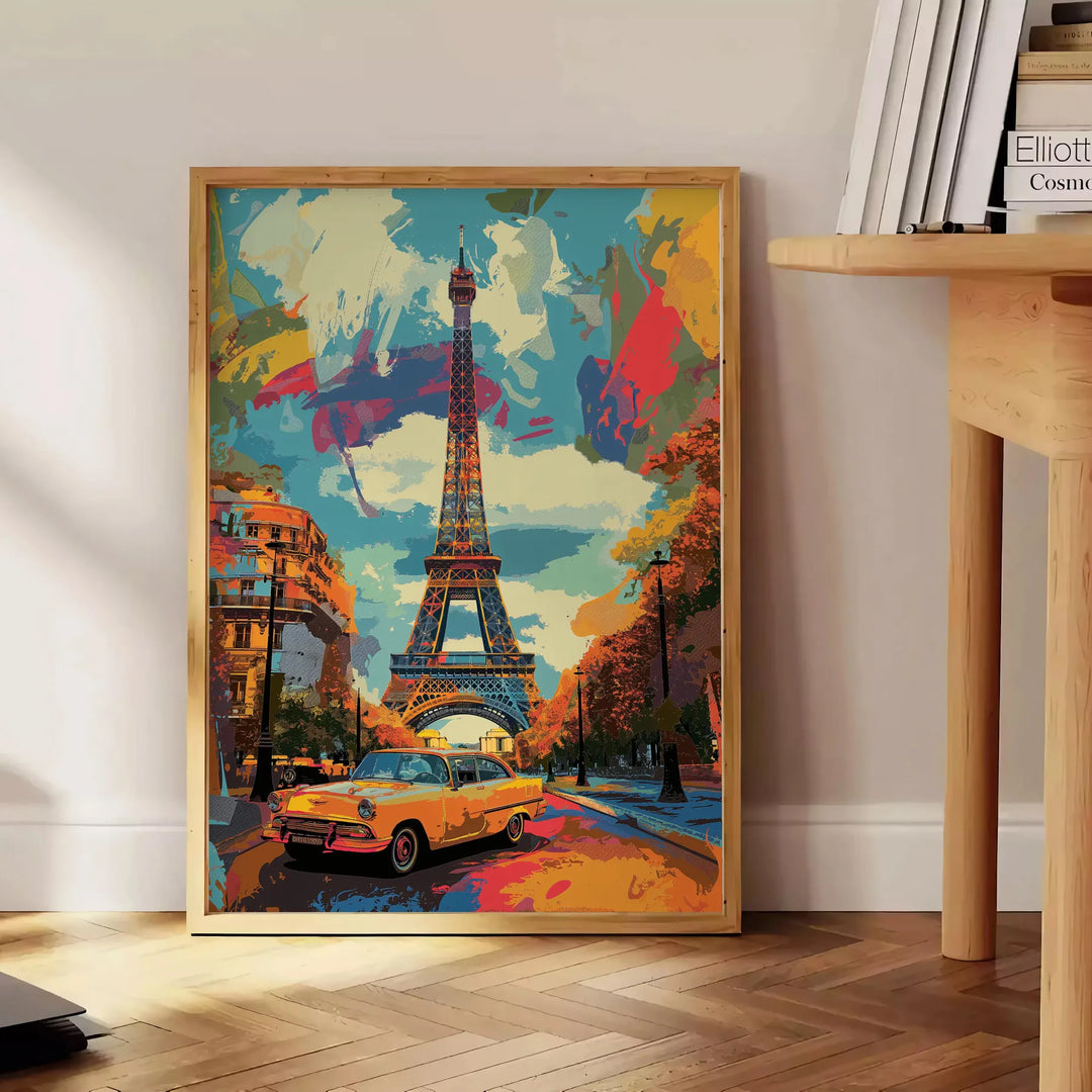 Colorful pop art design featuring bold green and yellow elements - beside a round wooden side table with books
