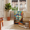 Colorful pop art design featuring bold green and yellow elements - in a Parisian living room with a sofa and a fig plant