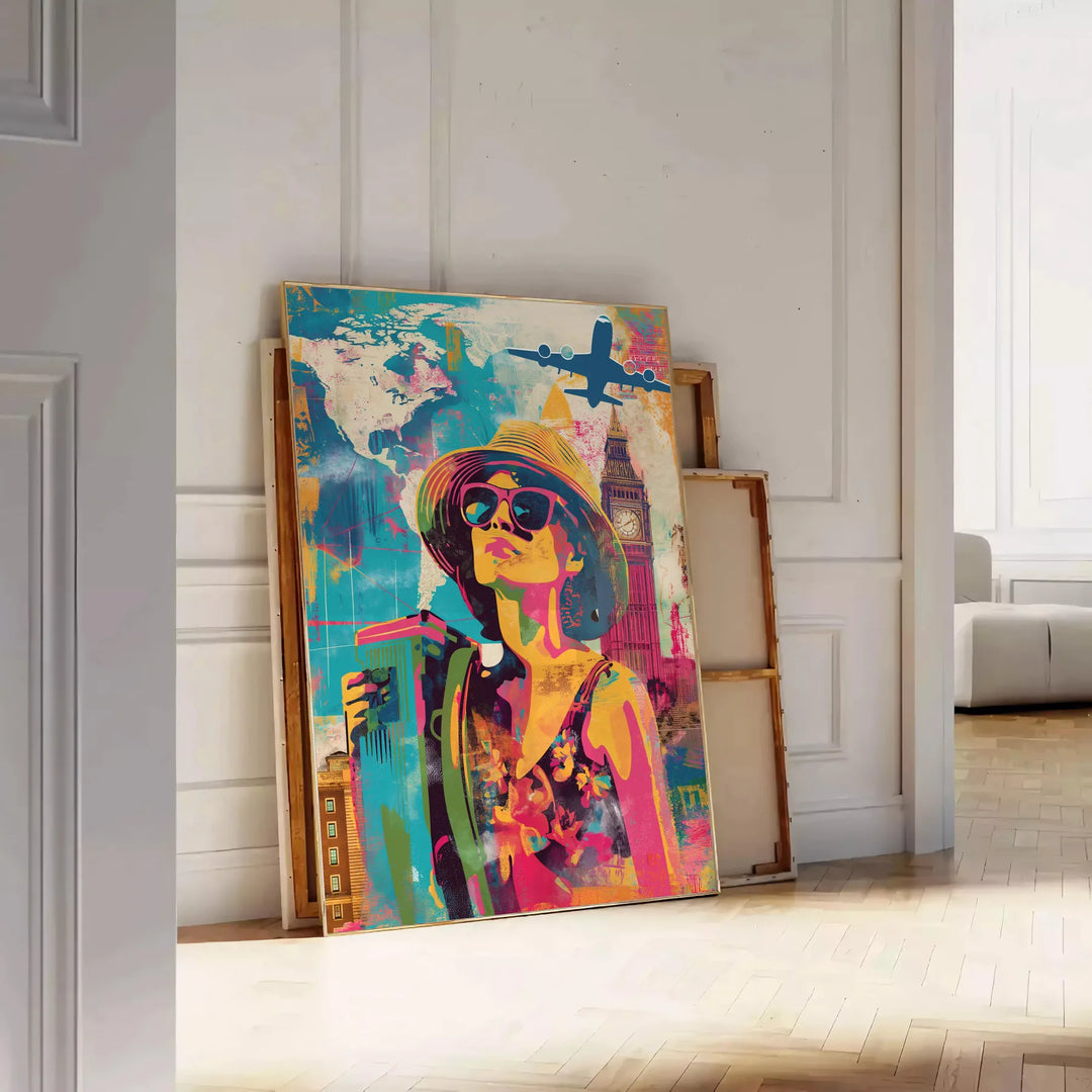 Bold pop art design featuring orange and blue colors with abstract shapes - leaning on a herringbone floor against a white panelled wall