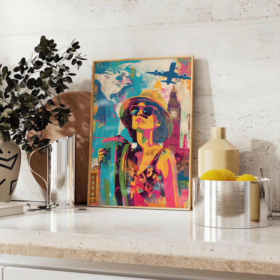 Bold pop art design featuring orange and blue colors with abstract shapes - styled on a counter with eucalyptus and a bowl of lemons