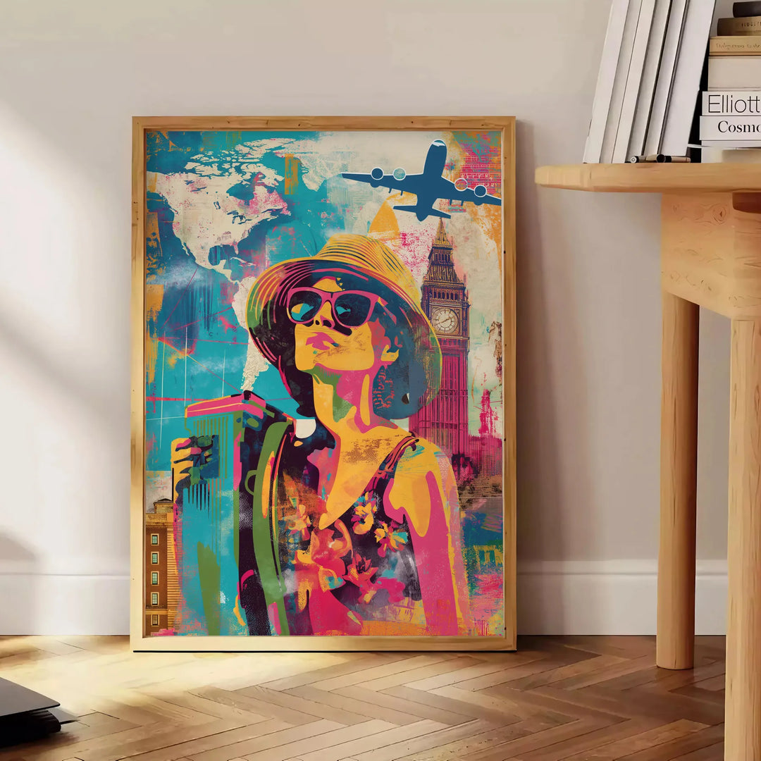 Bold pop art design featuring orange and blue colors with abstract shapes - beside a round wooden side table with books