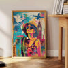 Bold pop art design featuring orange and blue colors with abstract shapes - beside a round wooden side table with books