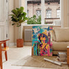 Bold pop art design featuring orange and blue colors with abstract shapes - in a Parisian living room with a sofa and a fig plant