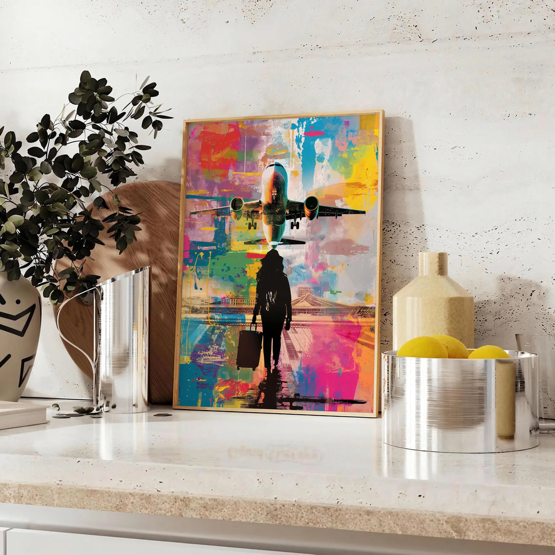 Bold pop art poster featuring abstract shapes in green and blue tones - styled on a counter with eucalyptus and a bowl of lemons