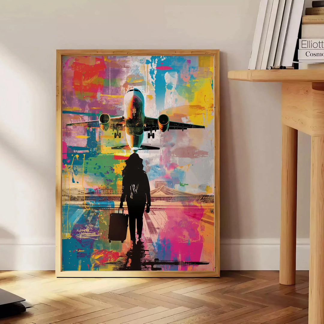 Bold pop art poster featuring abstract shapes in green and blue tones - beside a round wooden side table with books
