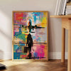 Bold pop art poster featuring abstract shapes in green and blue tones - beside a round wooden side table with books