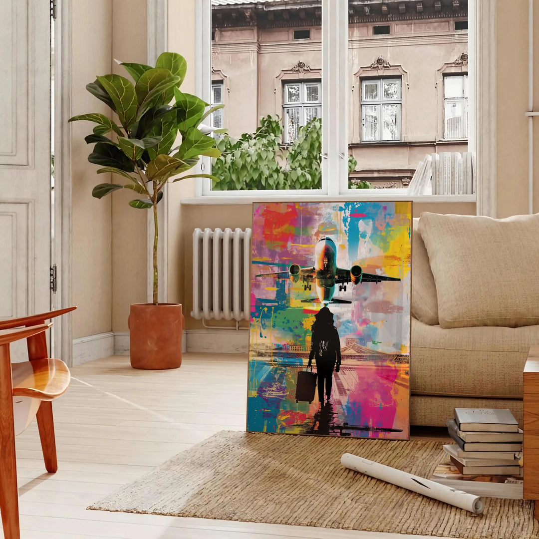 Bold pop art poster featuring abstract shapes in green and blue tones - in a Parisian living room with a sofa and a fig plant