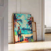 Colorful Pop Art design featuring dynamic shapes in green and blue - leaning on a herringbone floor against a white panelled wall