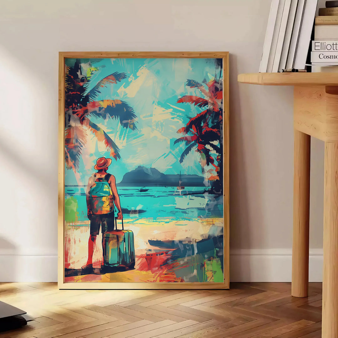 Colorful Pop Art design featuring dynamic shapes in green and blue - beside a round wooden side table with books