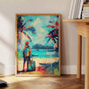 Colorful Pop Art design featuring dynamic shapes in green and blue - beside a round wooden side table with books