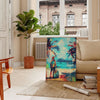 Colorful Pop Art design featuring dynamic shapes in green and blue - in a Parisian living room with a sofa and a fig plant