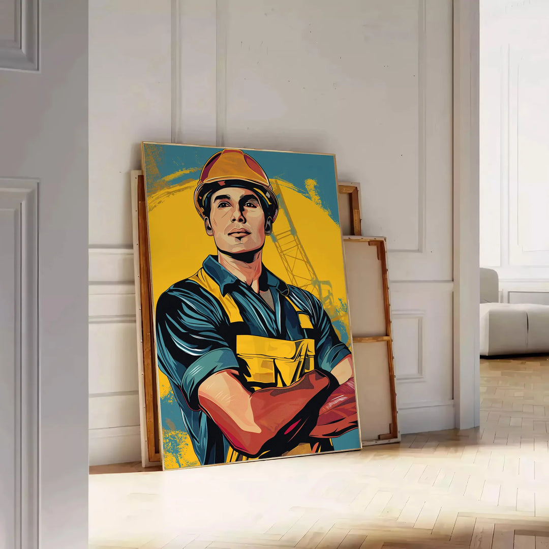Colorful pop art design featuring a burst of green and yellow tones - leaning on a herringbone floor against a white panelled wall