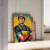 Colorful pop art design featuring a burst of green and yellow tones - leaning on a herringbone floor against a white panelled wall
