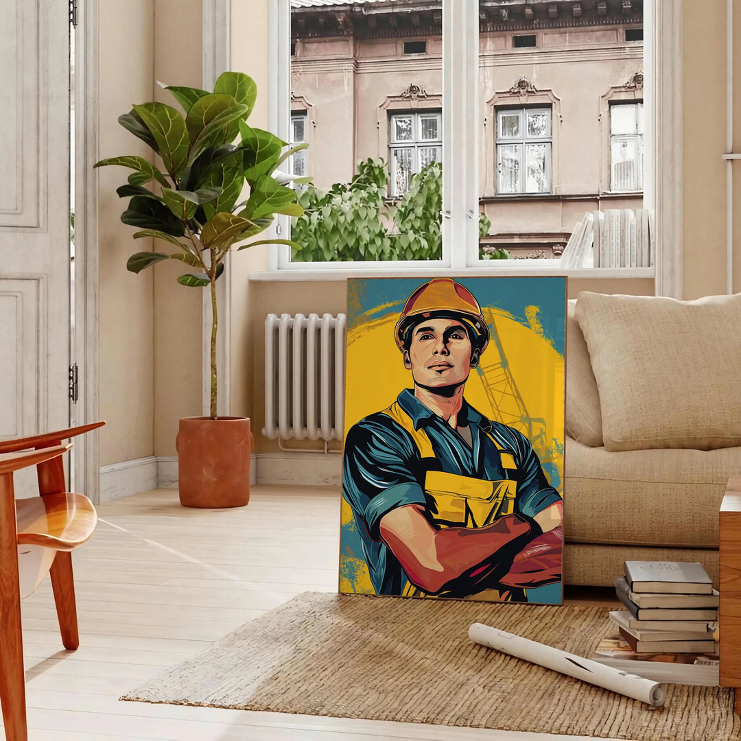 Colorful pop art design featuring a burst of green and yellow tones - in a Parisian living room with a sofa and a fig plant