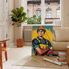 Colorful pop art design featuring a burst of green and yellow tones - in a Parisian living room with a sofa and a fig plant